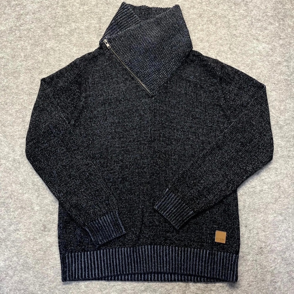 Guess Sweater Mens M Asymmetrical Quarter Zip Marled Knit Blue Black Pullover